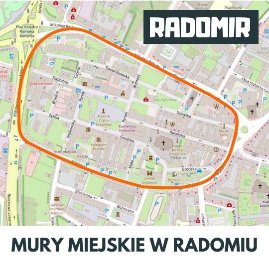 Radom - przybliżony przebieg murów miejskich w średniowieczu