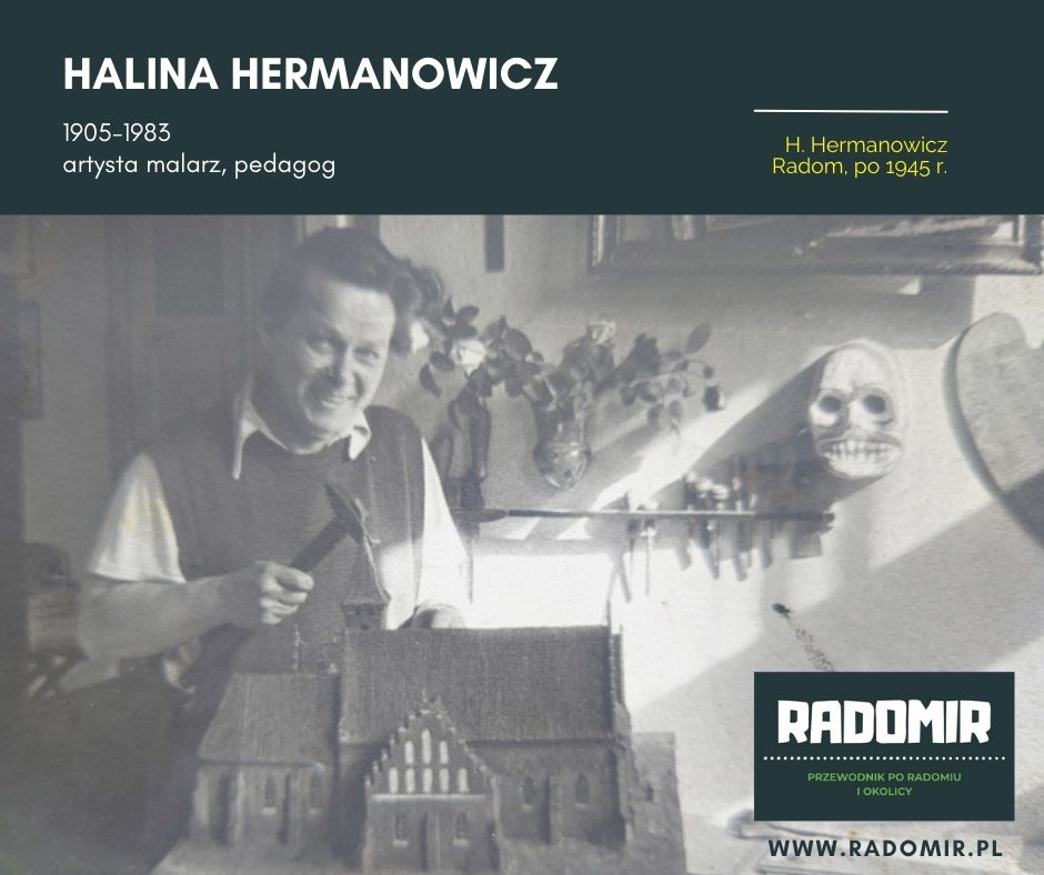 Halina Hermanowicz z młotkiem w ręku. Przed nią makieta kościoła.