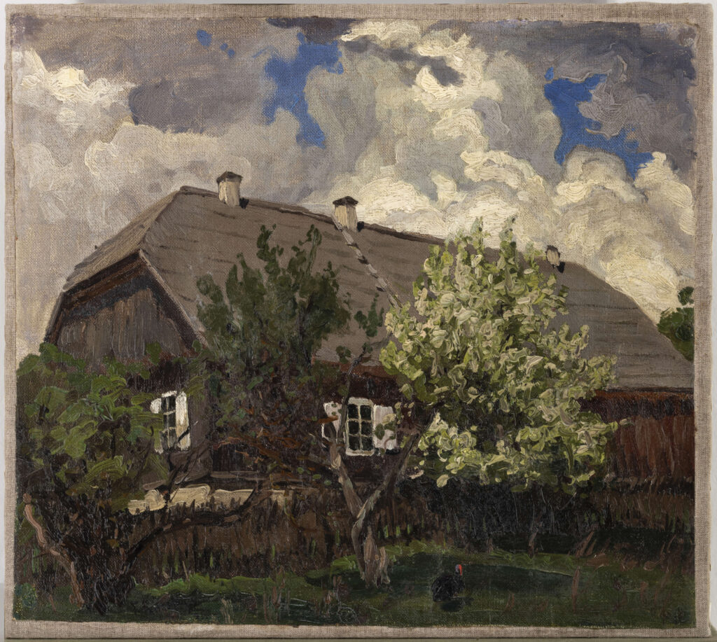 Obraz olejny z drewnianym domem. Od frontu kwitnące drzewa.